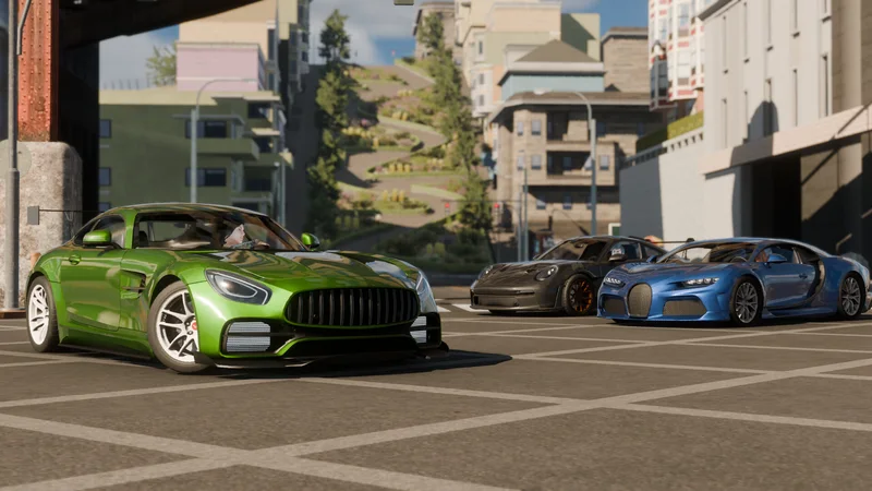 Green, black and blue sports cars parked together on a CPM 2 city street